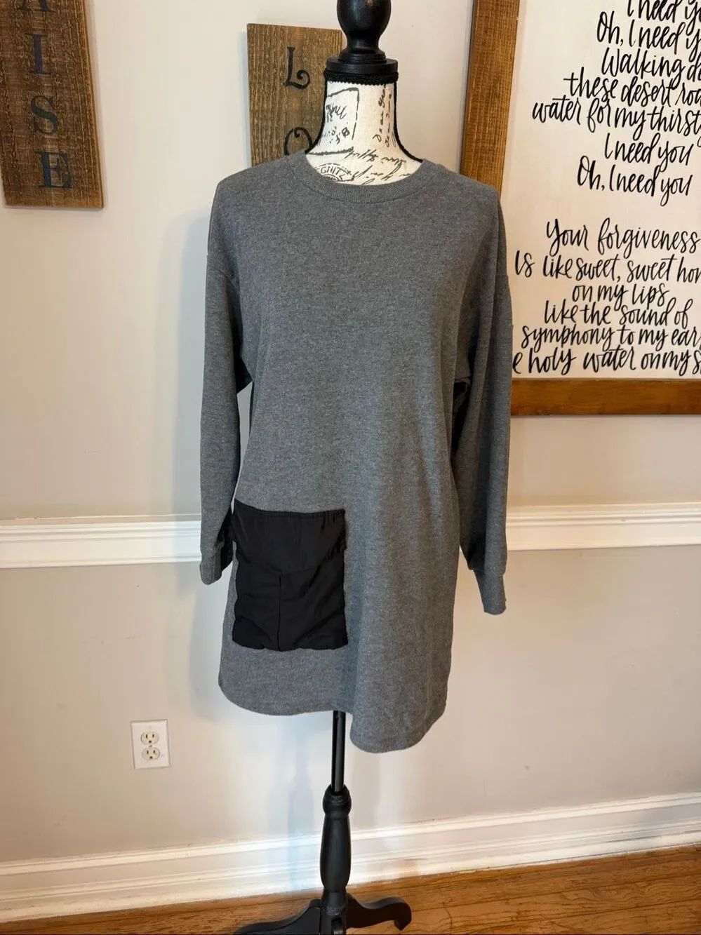 Zara Trafaluc Women's Fleece Sweatshirt Tunic Dress Heather Gray Black Small